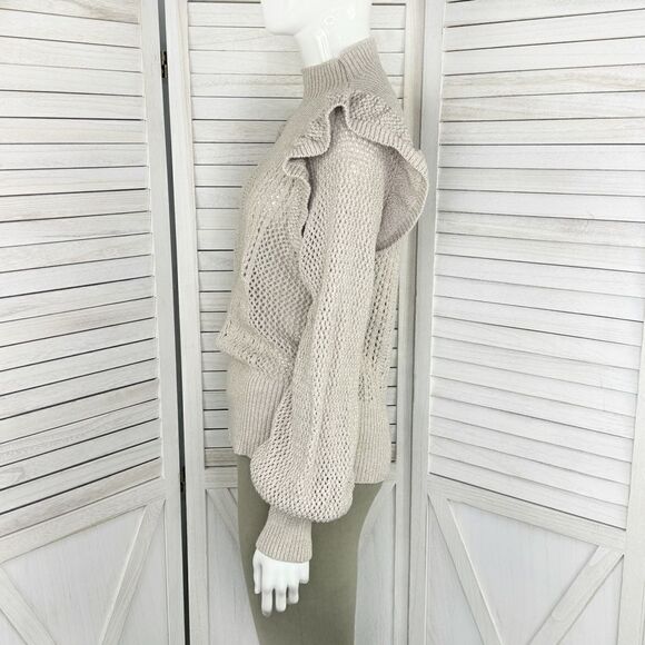 Happy Nature Ruffle Shoulder Mock Neck Open Weave Sweater Tan Beige Medium - Picture 3 of 13